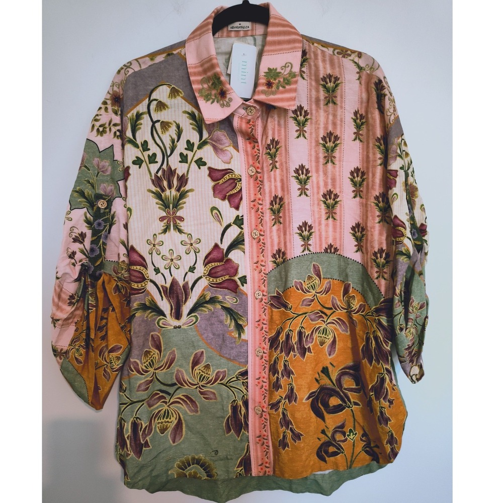 Agua Bendita Chrissy Aura Shirt Floral Linen Blend Button Down Top Medium NWT